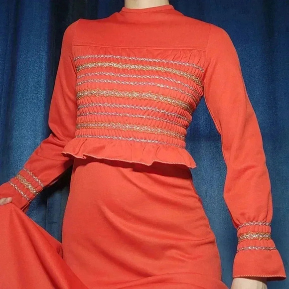 Vintage 60s bright red, gold, and silver babydoll long bell-sleeved maxi dress - Picture 5 of 15